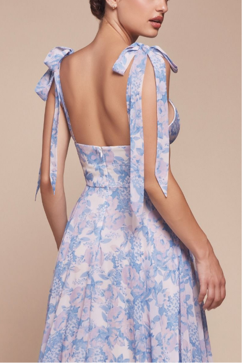 Tie Strap A Line Floral Dress - LL7442BM